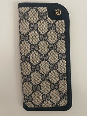 Vintage Gucci GG Monogram Eyeglass Case Navy & Beige Made in Italy 7” x 3.25”